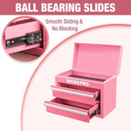 WORKPRO Metal Mini Tool Box, Top Tool Chest containing Two Drawers with Ball Bearing Slides, PVC Drawer Liners and PP Feet Pads, Cold Rolled Steel Small Toolbox for Multi-Purpose Storage - Pink Ribbon