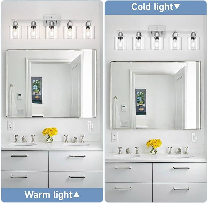 Modern Brushed Nickel 5 Light Bathroom Vanity Light, 31 inch Bathroom Light Fixtures with Clear Glass for Mirror Kitchen Living Room Hallway Cabinet Porch