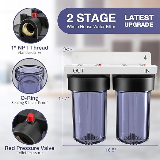 SimPure Whole House Water Filter System, 2 Stages Clear Home Water Pre-Filtration with Carbon and KDF Filters, Reduce Iron, Chlorine, Manganese, Lead, Heavy Metals, 1" NPT Brass Port(DB10C-2KDF)