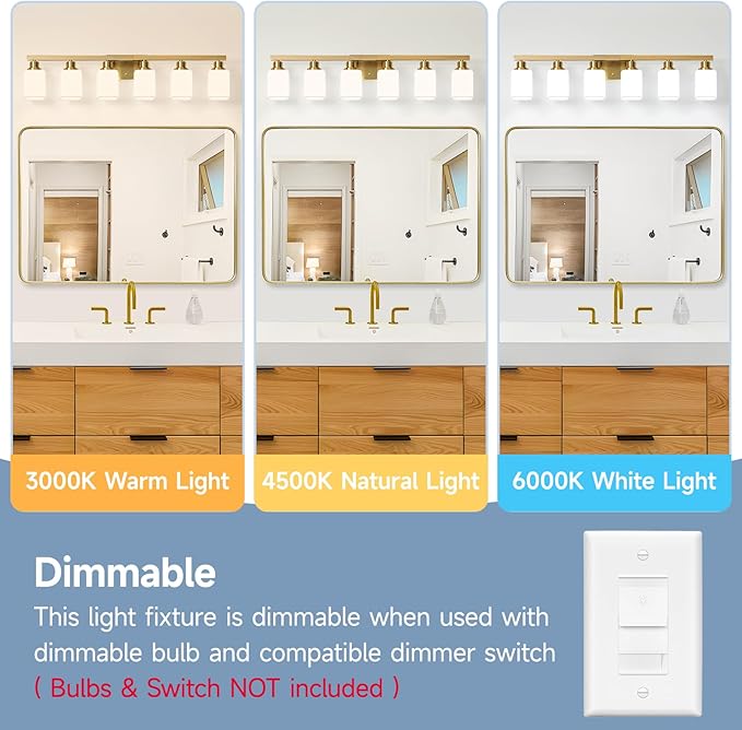 Brushed Gold Bathroom Vanity Light,6-Light Bathroom Light Fixtures with Square Frosted Glass,Gold Bathroom Wall Lamp Sconces for Mirror Bedroom,Living Room Hallway,E26