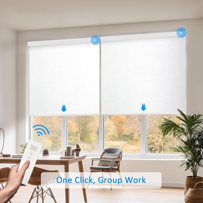 Motorized Blinds with Remote Cordless Automatic Motorized Shades Custom Blinds for Windows Smart Curtains Compatible with Alexa Google Home(Blackout Jacquard White,Custom Size)