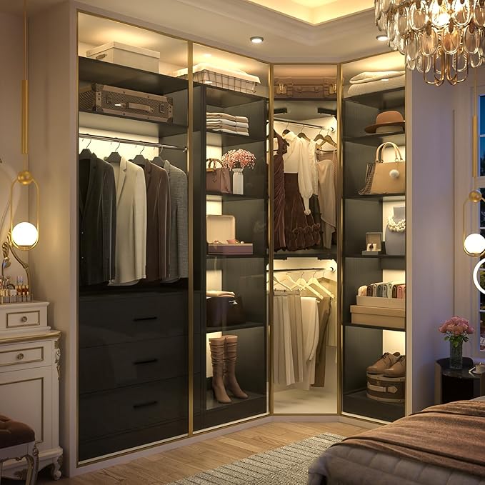 Corner Closet System with 3 Drawers, Corner Closet Organizer System with 13 Shelves & 3 Hanging Rods, 63.2"L * 39.2"W Reversible L Shaped Walk-in Closets, Load 2000+LBS, Black