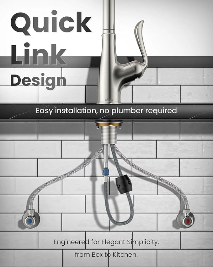 APPASO Brushed Nickel Kitchen Faucet, Single Handle Kitchen Faucet with Pull Down Sprayer, Stainless Steel High Arch, Neoperl Aerator, CUPC-Certified Pull-Out Hose, Water Supplies and Valve Core
