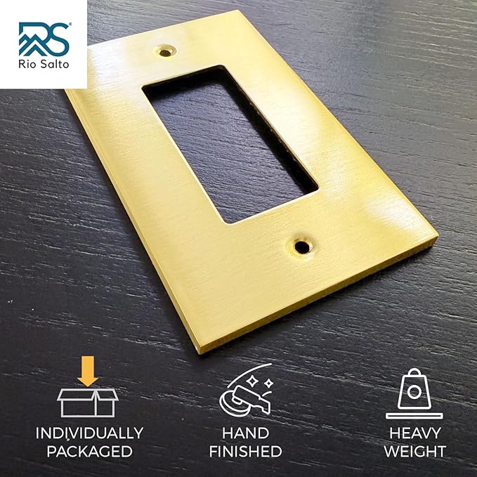 Rio Salto Modern Metal Vibrant Yellow Gold Wall Outlet Cover or Light Switch Cover Rocker Decora Electrical Switch Covers Decorator Plug Wall Plate Electric MIDSIZE Receptacle (Rocker, 1-Gang, 2-Pack)