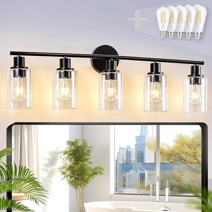 DLLT 5-Light Bathroom Light Fixtures: Black Modern Vanity Lights with E26 Bulbs - Clear Glass Shade Bathroom Wall Lamp for Mirror Kitchen Living Room Hallway Cabinet Porch