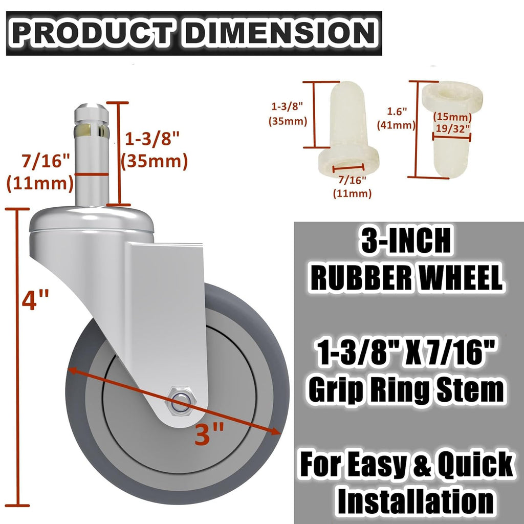 3-Inch Swivel Stem Caster, 7/16-Inch Stem Diameter Rubber Wheel, Heavy Duty TPR Replacement Wheels for Rubbermaid Mop Bucket Cart Grill Casters - 8 Pack