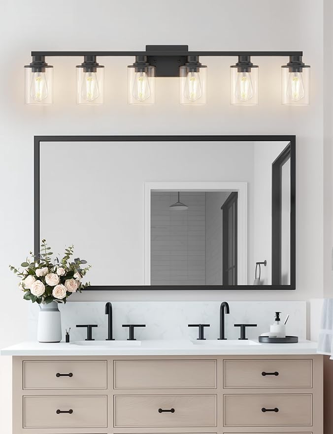 DORESshop 6-Light Black Bathroom Light Fixtures Over Mirror with Clear Glass Shade, Vanity Lights for Bathroom Mirror Hallway