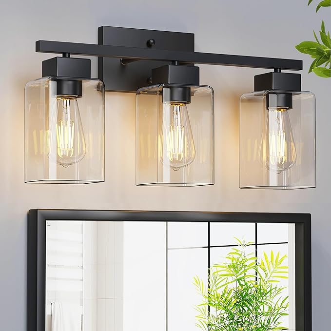 PARTPHONER 3-Light Bathroom Light Fixtures, Matte Black Modern Vanity Lights, Bathroom Lighting Fixtures Over Mirror, Square Design Farmhouse Wall Sconces with Clear Glass Shades
