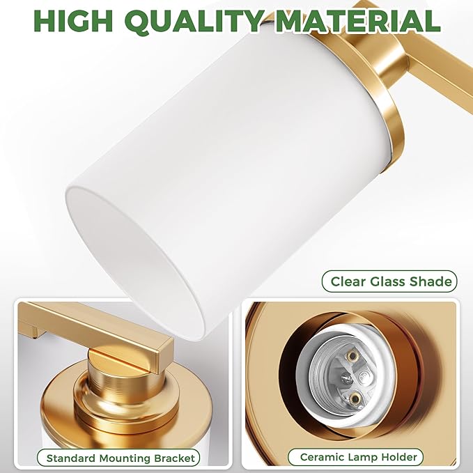 DORESshop 17 Inch Bathroom Light Fixtures, 3-Light Brass Bathroom Lighting Fixtures Over Mirror with Milk Glass Shade, Vanity Lights for Living Room Bedroom