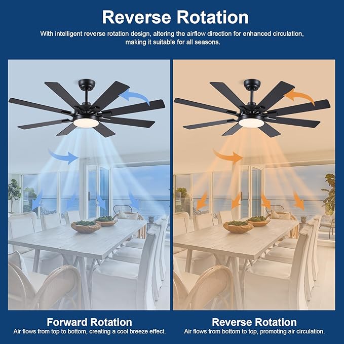 52 Inch Ceiling Fans with Lights and Remote/APP Control, Modern Ceiling Fan for Bedroom Living Room Patio Porch Indoor Outdoor, 6 Speeds, Reversible Quiet Motor, 8 Wood Blades, Black