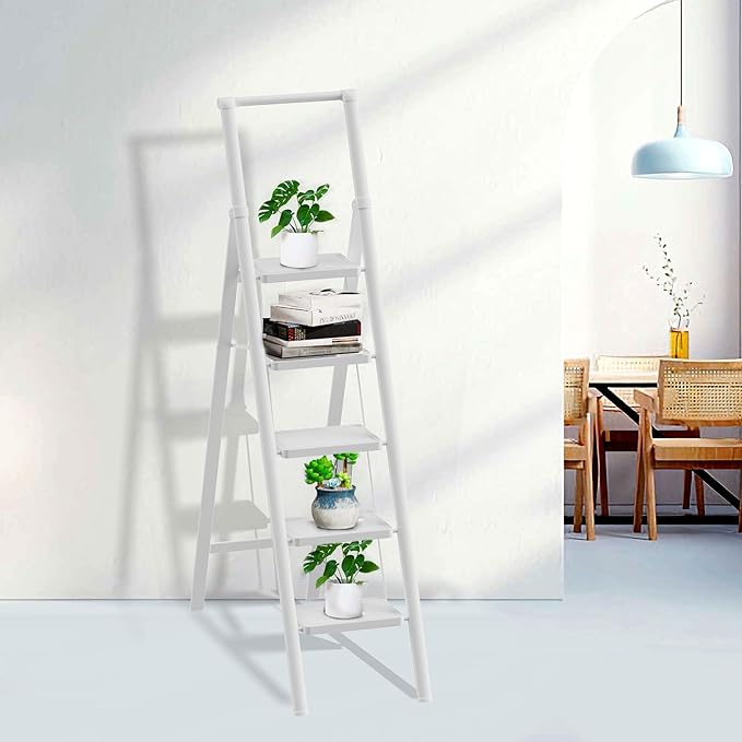 GameGem 5 Step Ladder for 10 Feet High Ceiling, Folding Step Stool Stepladders with Anti-Slip and Wide Pedal for Home and Kitchen Use Space Saving (White)