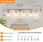 DLLT 4-Light Bathroom Light Fixtures: Nickel Modern Vanity Lights with E26 Bulbs - Clear Glass Shade Bathroom Wall Lamp for Mirror Kitchen Living Room Hallway Cabinet Porch