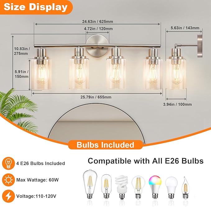 DLLT 4-Light Bathroom Light Fixtures: Nickel Modern Vanity Lights with E26 Bulbs - Clear Glass Shade Bathroom Wall Lamp for Mirror Kitchen Living Room Hallway Cabinet Porch