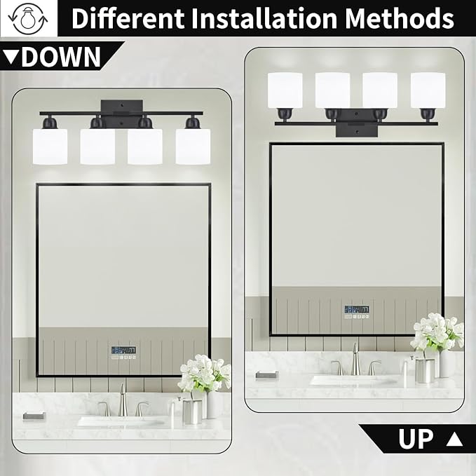 4-Light Black Bathroom Vanity Light, Light Fixtures with Milky White Frosted Glass Shades, Black Vanity Light for Bathroom Mirror, Bedroom, Living Room, Vanity Table, E26 Base