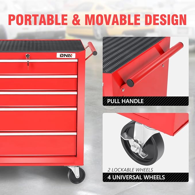 DNA MOTORING 5-Drawer Rolling Tools Chest, Rolling Tool Storage Cabinet, Heavy Duty Mechanic Tool Cart, Trolley Organizer for Garage, Warehouse, Workshop, Red, TOOLS-00398