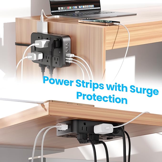Flat Plug Power Strip Surge Protector with 12 AC Outlets 6 USB Ports 3 Side Multi Plug Outlet Extender 15 Ft Extension Cord for Home Office Kitchen Dorm Wall Desk Charging Station ETL Listed