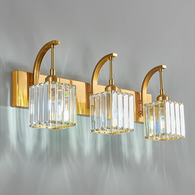 Crystal Vanity Lights 3-Light Gold Bathroom Vanity Lights Modern Crystal Bathroom Light Fixtures Over Mirror 23.62" Long Vanity Light for Bathroom