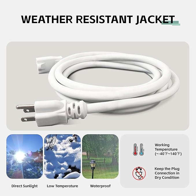8 Ft Outdoor Extension Cord - 12/3 SJTW Heavy Duty White Extension Cable with 3 Prong Grounded Plug - Power Cord for Lawn, Garden, Appliances