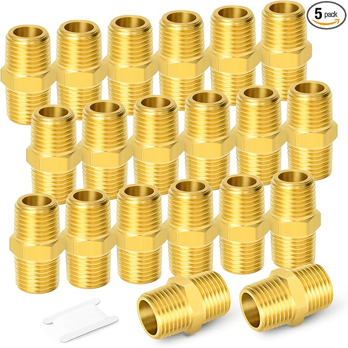 GASHER 5PCS Brass Pipe Fitting, Reducing Hex Nipple, 1/4-Inch Male Pipe x 1/4-Inch Male Pipe