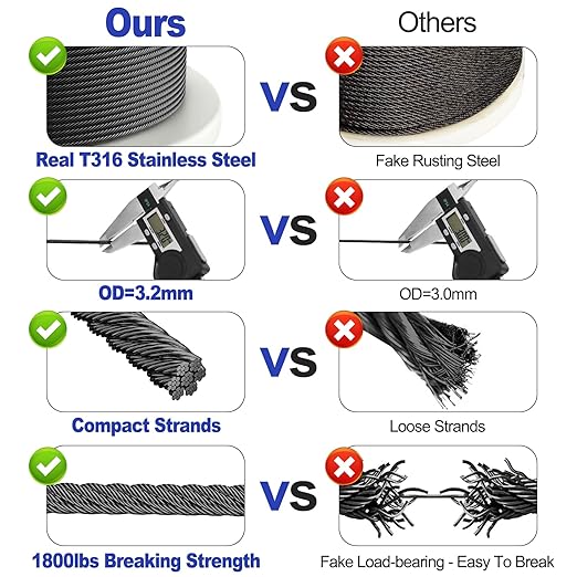 CKE 500FT 1/8" Black Stainless Steel Cable Railing System Hardware, T316 Stainless Steel Cable Wire Rope, 1850 lb Breaking Strength, 7x7 Strands Black Aircraft Cable for Deck Stair Fence Railing, BCW6