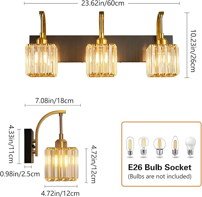 Crystal Vanity Lights 3-Light Black Gold Bathroom Vanity Lights Modern Crystal Bathroom Light Fixtures Over Mirror 23.62" Long Vanity Light for Bathroom