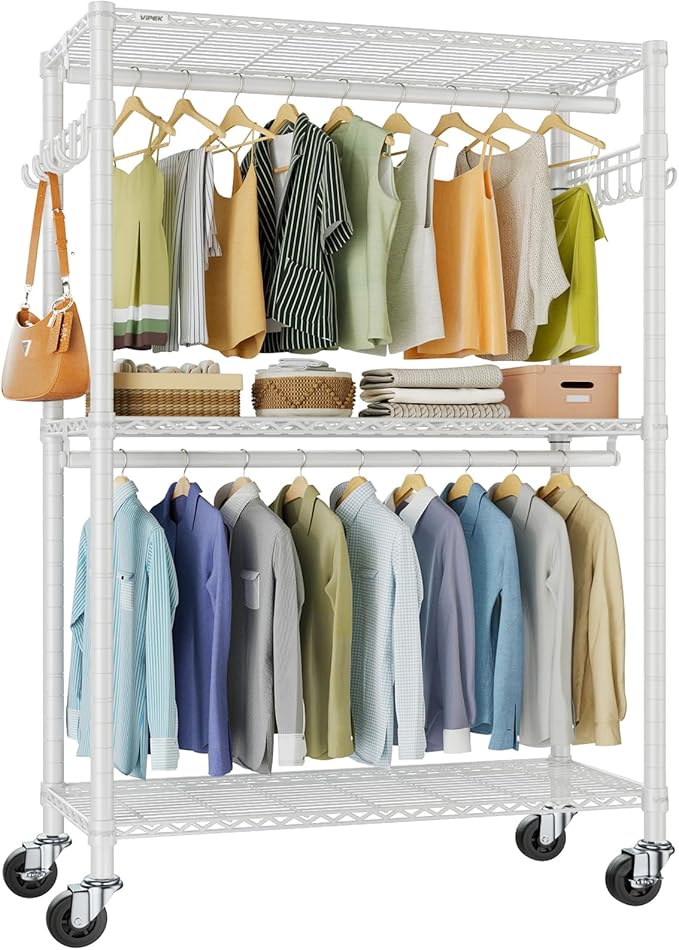 VIPEK R2 Plus Rolling Garment Rack 3 Tiers Adjustable Wire Shelving Clothes Racks with Wheels, Freestanding Wardrobe Storage Rack Heavy Duty Metal Clothing Racks for Hanging Clothes, White