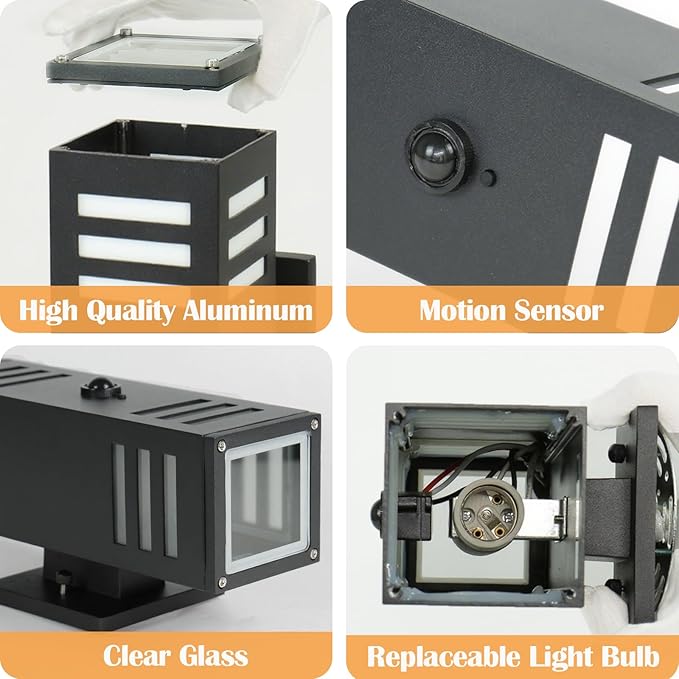 wowlite Motion Sensor Outdoor Lights 2 Pack, Dusk to Dawn Porch Light Outdoor Wall Sconce, 3 Lighting Modes Exterior Lighting Fixture Wall Mount Waterproof, Black Aluminum Outside Lights for House