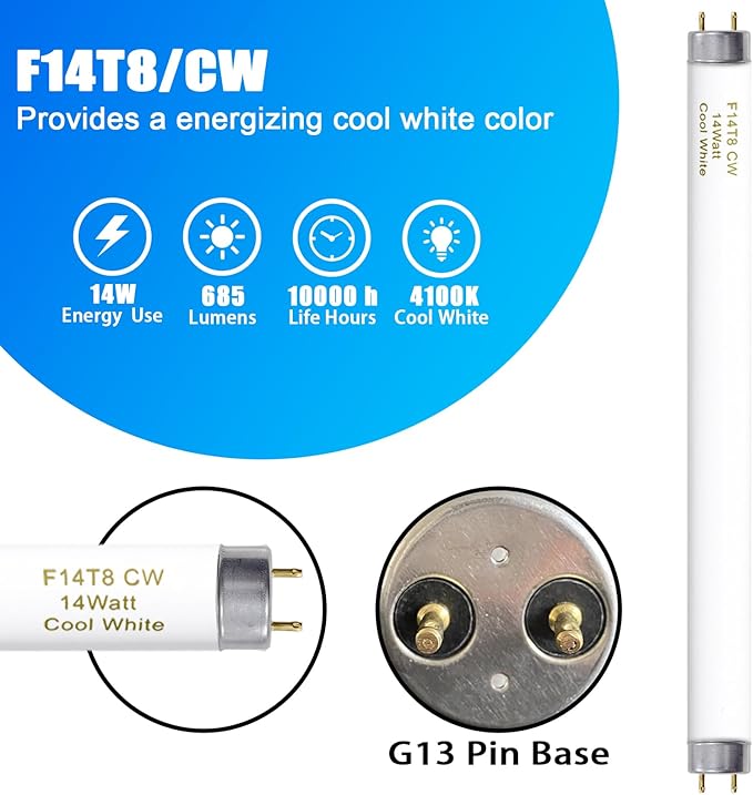 15 Inches T8 Fluorescent Light Bulb 4100K 14 Watt, F14T8/CW 14W Fluorescent Tube,14 Watts, G13 Medium Base, 650 Lumen, 6 Pack