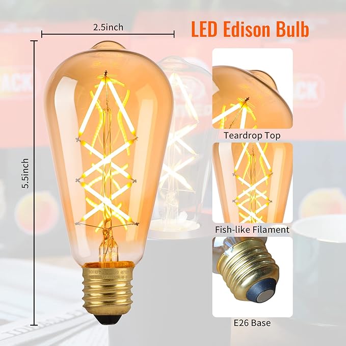 OMED LED Edison Light Bulb 24 Pack, Dimmable Criss-Cross Filament LED Bulbs, 60 Watt Equivalent 2700K Soft White Vintage Style Amber Glass Edison Bulb, 600 Lumens 6W Medium Base E26 ST64 Light Bulb