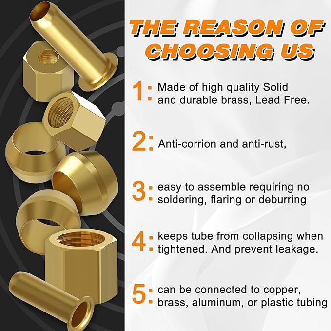 280PCS Compression Fittings Assortment kit - 6 Sizes (1/4", 3/8", 5/16", 1/2", 3/16",1/8") of Brass Compression Sleeve Ferrule & Insert, Connect for Air, Water, Fuel, Oil and Inert Gases