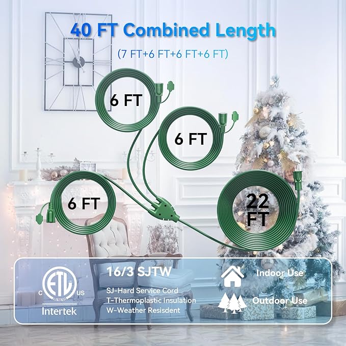 K KASONIC - 40 FT Halloween Lights Outdoor Extension Cord 1 to 3 Splitter, 3 Prong Outlets Plugs, 16AWG/3C SJTW Weatherproof Wire for Holiday Decoration Light, ETL Listed, Green