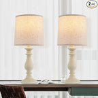 Lamps Set of 2 Vintage Rustic Farmhouse Table Lamps Bedside Reading Lamp Bedroom Nightstand Living Room Teapoy Lamp, Desk Light, 22 Inch High, White Wash, with Fabric Shade, Bulb Not Included