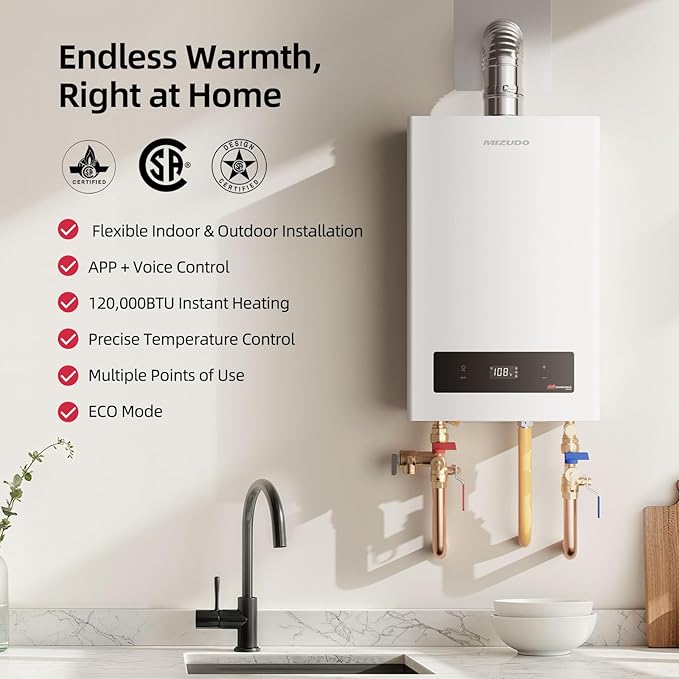 MIZUDO Tankless Water Heater Propane, Indoor or Outdoor Convertible Installation, Max 5.1 GPM 120,000 BTU, WiFi&APP Control CSA Certified for Large Families Whole House, GEN 3