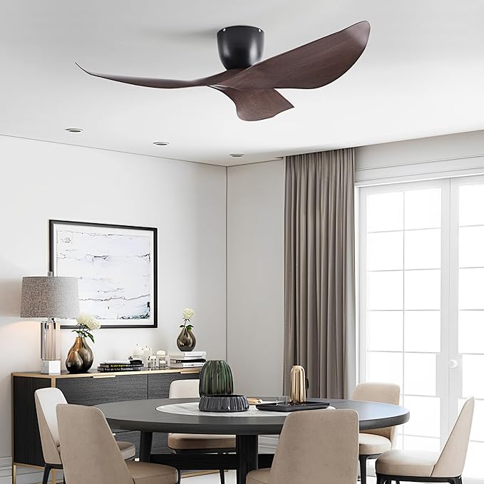 52-Inch Black Ceiling Fan Without Light, Modern Low-Profile Flush Mount Fan with Remote, 6-Speed Reversible Quiet DC Motor,for Patio, Living Room, Bedroom (No Light)