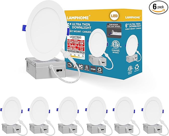 LAMPHOME 6-Pack of 6-Inch Slim LED Recessed Lights with Junction Box, Adjustable Color Temperatures (2700K-5000K), 12W Equivalent to 110W, Dimmable, 1050LM Brightness - ETL and Energy Star Certified