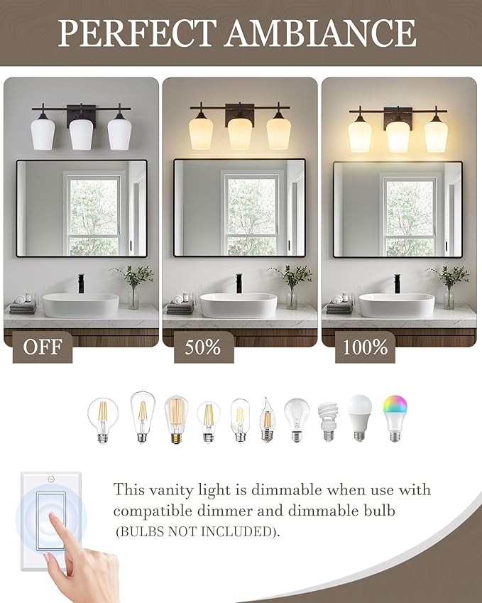 3-Light Bathroom Lighting Fixtures Over Mirror, 21" Oil Rubbed Bronze Vanity Lights Farmhouse Bath Wall Sconce with Milk Glass for Bath, OS-YQ9167-3AW