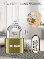 DELSWIN 4-Digit Combination Lock Outdoor Padlock - Heavy Duty Locker Lock with Hardened Steel Shackle, Waterproof Combo Lock for Gym Locker, Hasp Storage, Shed, Fence, Gate (Brass,1Pcs)