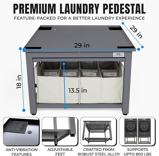 Washer and Dryer Pedestals with Pullout-Shelf - 29" W, 18" H, Gray Steel Universal Fit with Major Brands | Laundry Pedestal with Drain Pan & Hose | Washer Stand for Back Pain Relief, 800 lbs Capacity