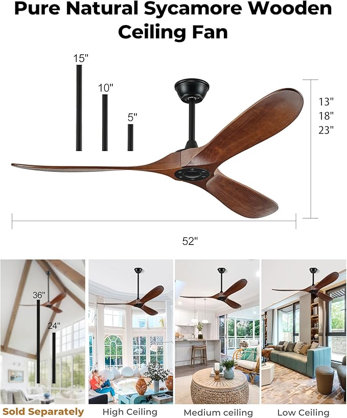 52" Ceiling Fans Without Lights, Solid Wood Ceiling Fan with Remote Control and DC Motor, Ceiling Fan no Light with 3 Blades, Indoor Outdoor Ceiling Fans for Patios, Bedroom- Dark Walnut