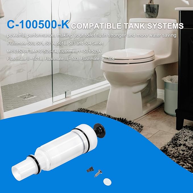 Flush Toilet Piston Replacement Parts C-100500-K Flush Valve Cartridge Assembly, for 500, 501, 501A, 501B, 503, 504 Series & M-101526-F3, M-101526-F4 Tank System Pressure Assist Repair Kit