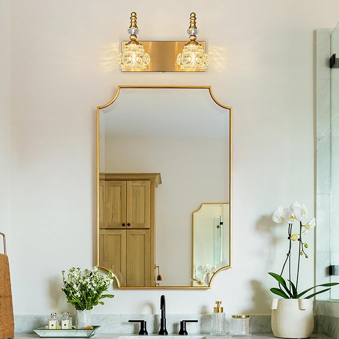 Modern Glass Crystal Vanity Light - Vintage Bathroom Lighting Fixtures Over Mirror, 2 Light Vanity Lights G9 Bulb (11.81 Inch, Gold)
