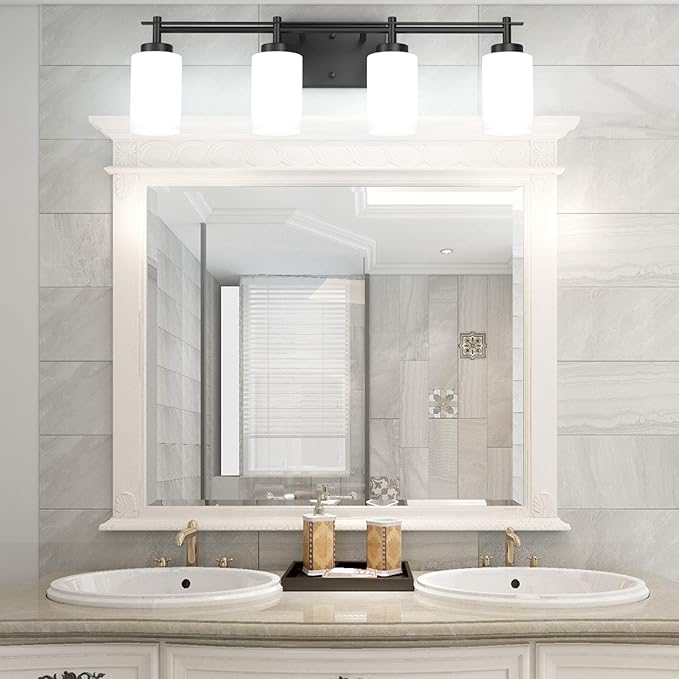 Aipsun Vintage Bathroom Vanity Light Black Bathroom Light Fixtures 4 Lights Milky White Glass Shade Industrial Wall Light (Exclude Bulb)