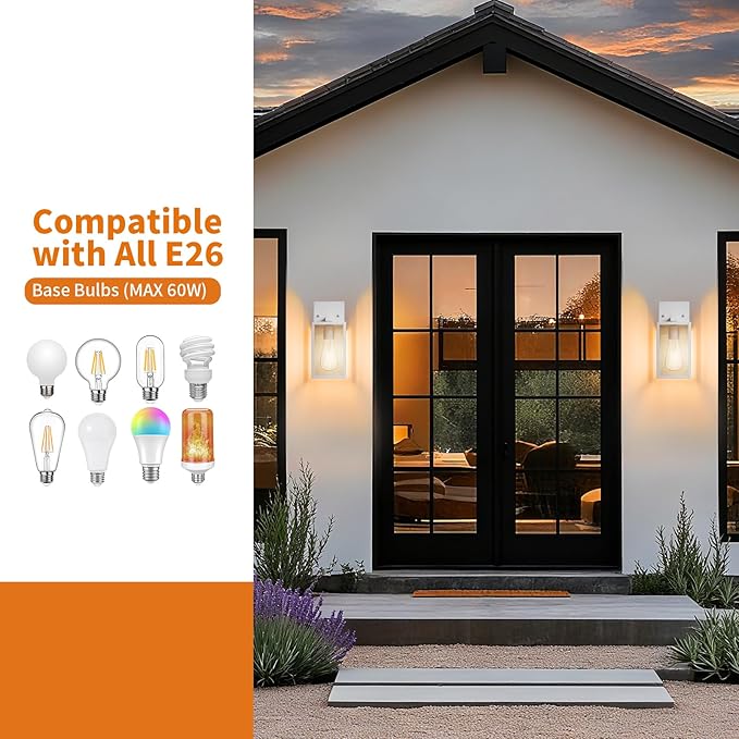 2 Pack White Exterior Lighting Fixtures Wall Mount, Outside Front Porch Lights for House, Outdoor Lantern Lamp, Waterproof Wall Sconce Lights, Coach Light for Garage Entryway