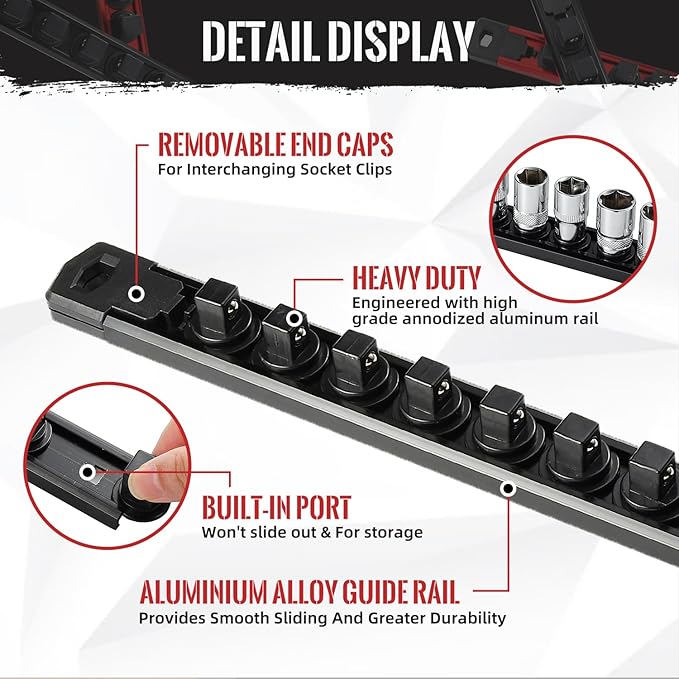 Magnetic Socket Organizer, 3-Piece Heavty Duty Aluminum Socket Holder, Socket Rail for Tool Box, Premium Quality 360° Swivel Socket Rack with 42 Clips for 3/8-Inch(Black)