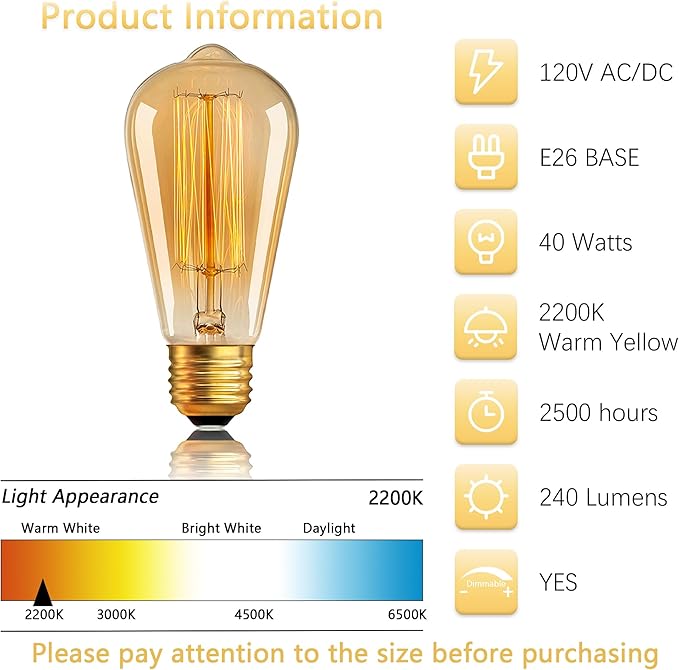 ST64 Edison Bulbs 6 Pack,Amber Vintage Incandescent Light Bulbs 110V 40W 240LM,E26 Base 2200K Dimmable Decorative Antique Squirrel Cage Filament Incandescent Bulb for Chandelier Pendant Lamps