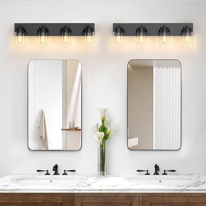 IZORRO Bathroom Vanity Light Fixture, 4-Light 27.5 Inch Matte Black Bathroom Light Fixtures Over Mirror, with Clear Glass Shade, Modern Farmhouse Vanity Lights, Rustic Restroom Lighting Fixtures