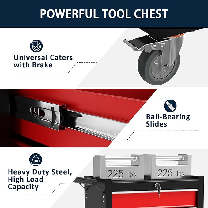 5-Drawer Metal Rolling Tool Chest with Wheels,Tool Storage Cabinet with Locking System，Toolbox with Wheels for Garage, Warehouse, Workshop, Repair Shop (Black&red, 5Drawer)