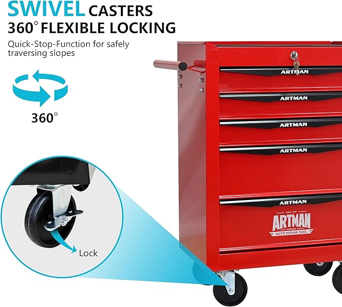 5 Drawers Rolling Tool Box on Wheels, Multifunctional Tool Chest Cabinet with Lock, Drawers Rolling Tool Cart Trolley Organizer Tool Storage Case for Warehouse,Garage,Workshop (Red)