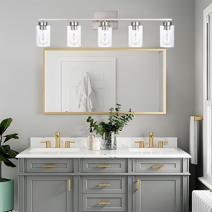 5 Light Bathroom Vanity Light Fixtures, Brush Nickel Modern Wall Lights with Clear Glass Shade, Vintage Wall Sconce Lighting for Living Room, Mirror, Bedroom, Hallway (Nickel, 5-Lights)