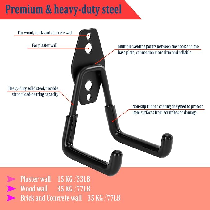8 Pack Garage Hooks, Garage Tool Organizer Wall Mount, Heavy Duty for Utility Organizer, Steel Utility Garage Hooks for Ladders, Garden Tools, Bike